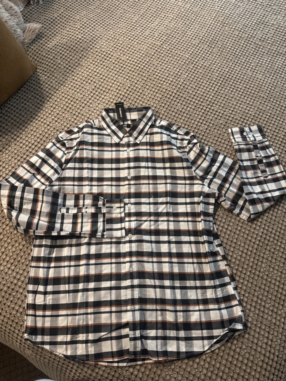 Express Men’s Button-Down Plaid Shirt in White, Black & Brown